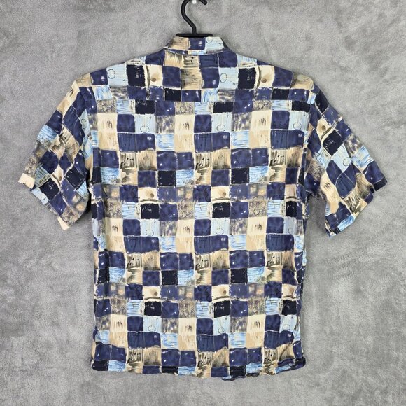 Mens Via Veneto Beige & Blue Geometric Rayon Shirt Button Up Short Sleeve Size L - Picture 4 of 7